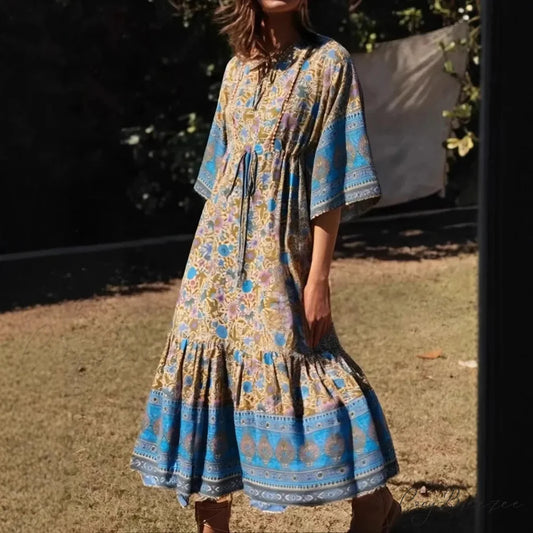Floral Print Batwing Sleeve Rayon Maxi Boho Dress Blue / S bohodress-250126