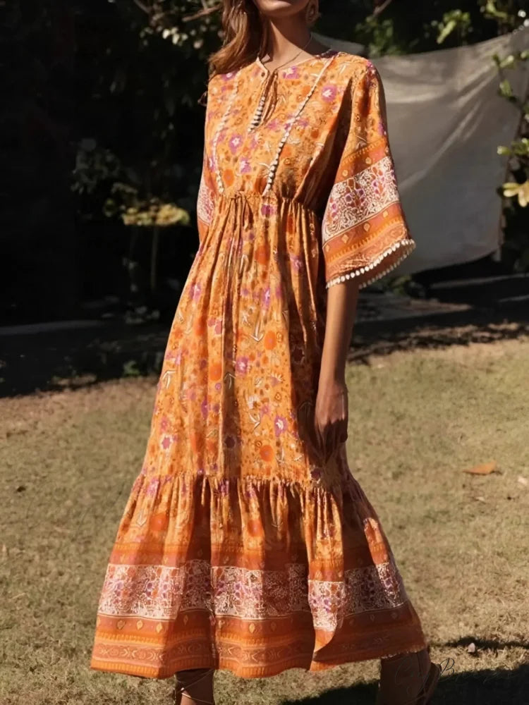 Floral Print Batwing Sleeve Rayon Maxi Boho Dress Brown / S bohodress-250126