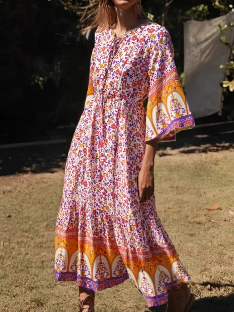 Floral Print Batwing Sleeve Rayon Maxi Boho Dress Pink / S bohodress-250126