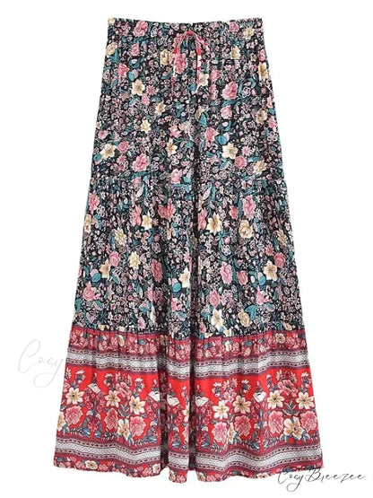 Floral Print Beach Boho Pleated Maxi Skirt Femme skirt-250126