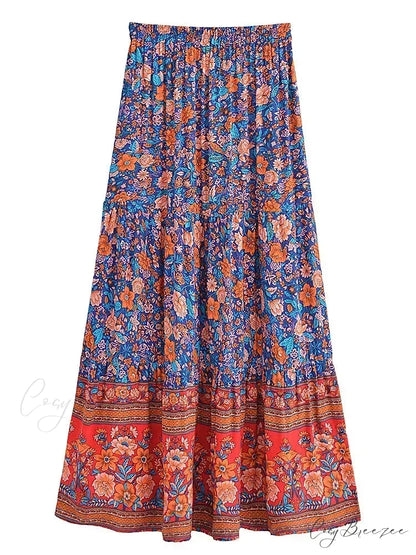 Floral Print Beach Boho Pleated Maxi Skirt Femme skirt-250126