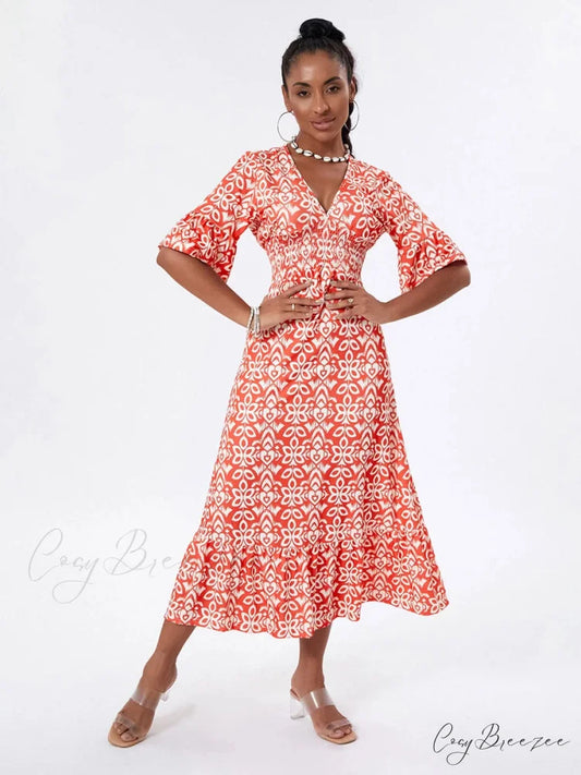 Floral Print Beach Midi Casual Flare Sleeve A-Line Ruffled Dress floraldress-250126