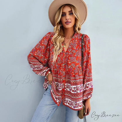 Floral Print Button-Up Long Sleeve Boho Blouse bohoblouse-250126