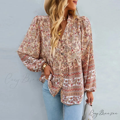 Floral Print Button-Up Long Sleeve Boho Blouse bohoblouse-250126