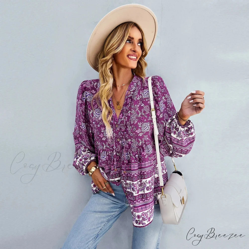 Floral Print Button-Up Long Sleeve Boho Blouse bohoblouse-250126
