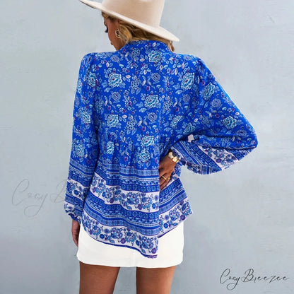Floral Print Button-Up Long Sleeve Boho Blouse bohoblouse-250126