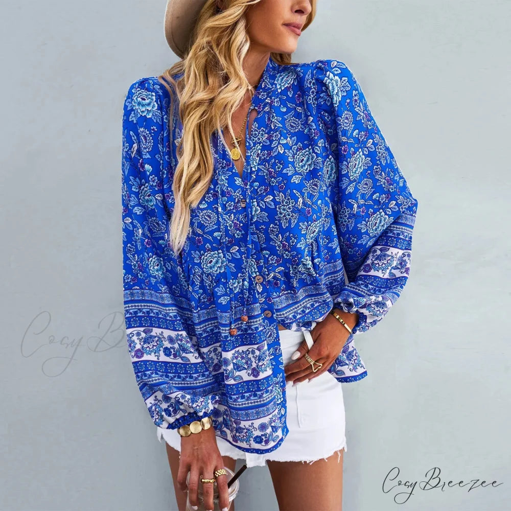 Floral Print Button-Up Long Sleeve Boho Blouse bohoblouse-250126