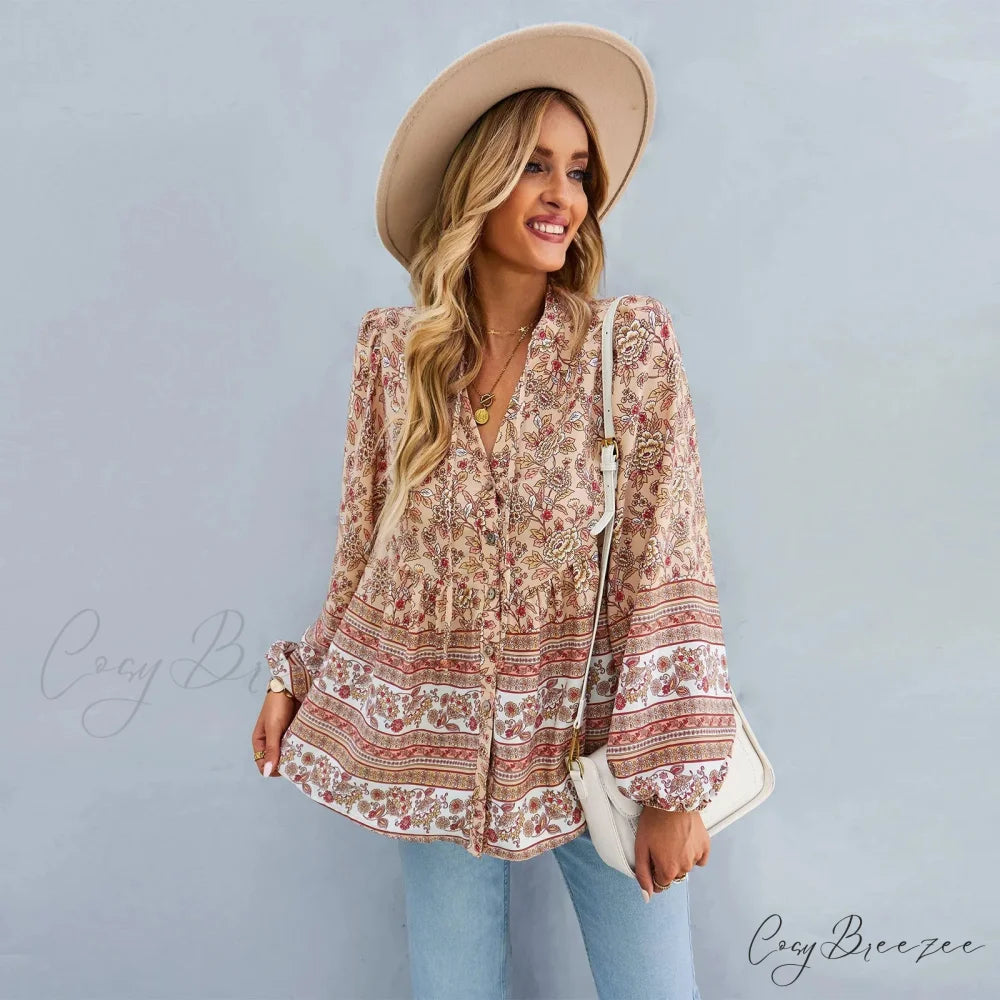 Floral Print Button-Up Long Sleeve Boho Blouse Khaki / S bohoblouse-250126