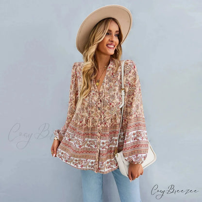 Floral Print Button-Up Long Sleeve Boho Blouse Khaki / S bohoblouse-250126
