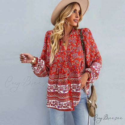 Floral Print Button-Up Long Sleeve Boho Blouse Red / S bohoblouse-250126
