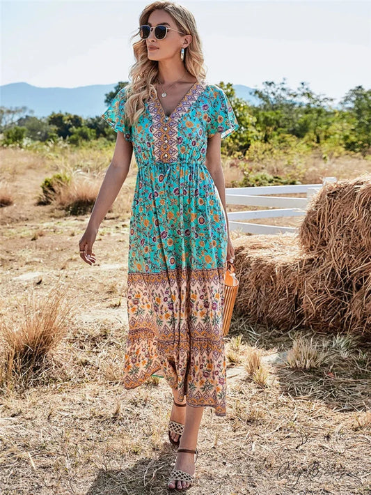 Floral Print Button V-neck Pleated Rayon Beach Maxi Dress GREEN / S bohodress-250126