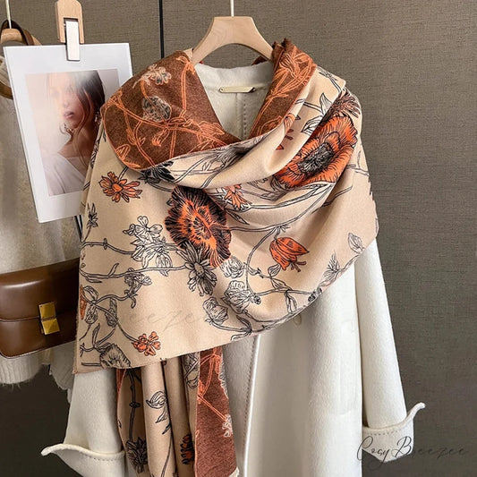 Floral Print Cashmere Pashmina Scarf red scarf-241228