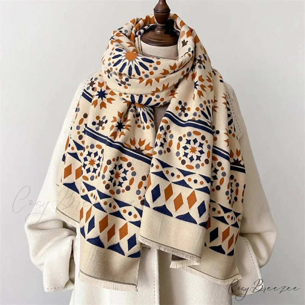 Floral Print Cashmere Winter Scarf beige scarf-241228