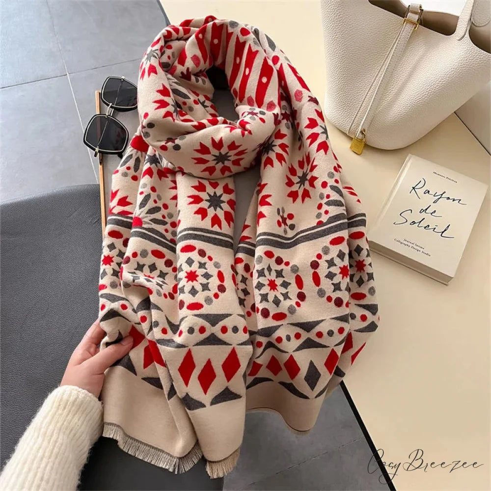 Floral Print Cashmere Winter Scarf red2 scarf-241228