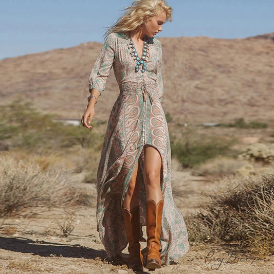 Floral Print Chiffon Boho Dress bohodress-250126