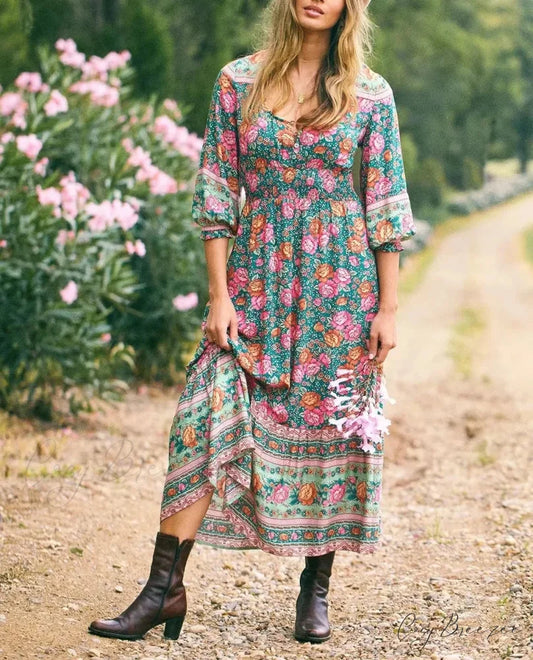 Floral Print Cross V-neck Button Summer Boho Dress Green / S bohodress-250126