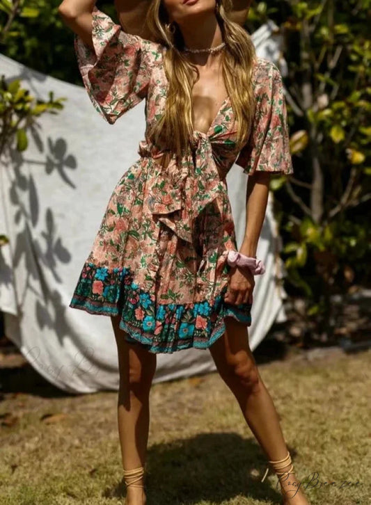 Floral Print Deep V-neck Sashes Batwing Sleeve Bow Mini Dress as picture / S bohodress-250126