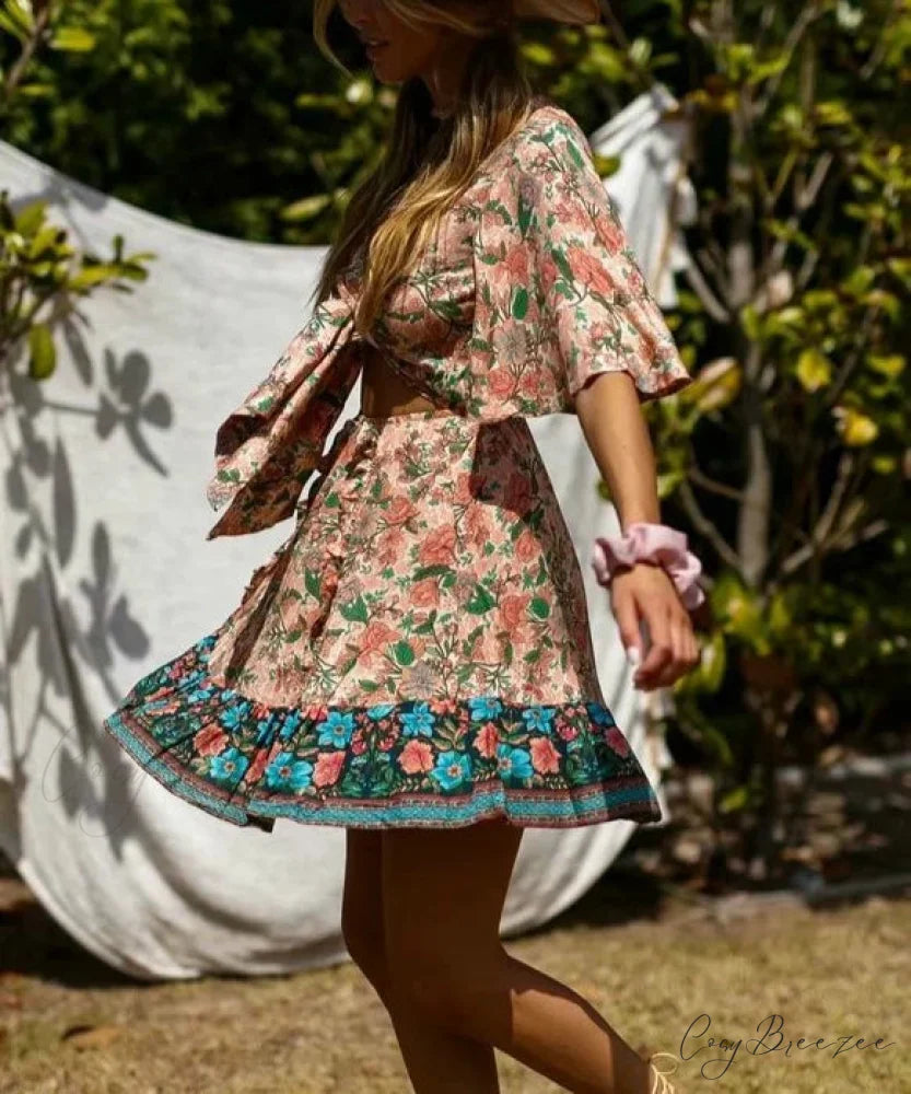 Floral Print Deep V-neck Sashes Batwing Sleeve Bow Mini Dress bohodress-250126