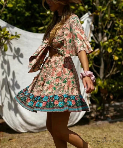 Floral Print Deep V-neck Sashes Batwing Sleeve Bow Mini Dress bohodress-250126