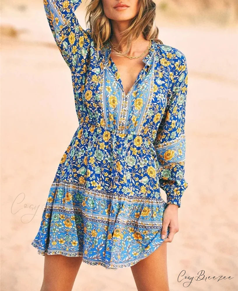 Floral Print Ethnic Long Sleeve V-neck Button Belt Ruffles Mini Dress Blue / S bohodress-250126