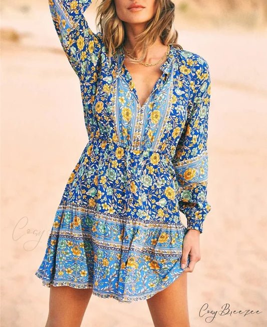 Floral Print Ethnic Long Sleeve V-neck Button Belt Ruffles Mini Dress Blue / S bohodress-250126