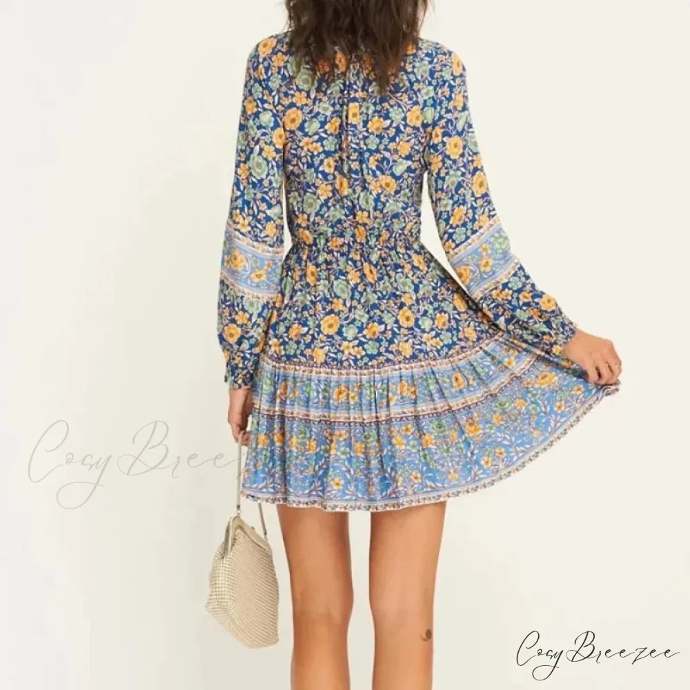 Floral Print Ethnic Long Sleeve V-neck Button Belt Ruffles Mini Dress bohodress-250126