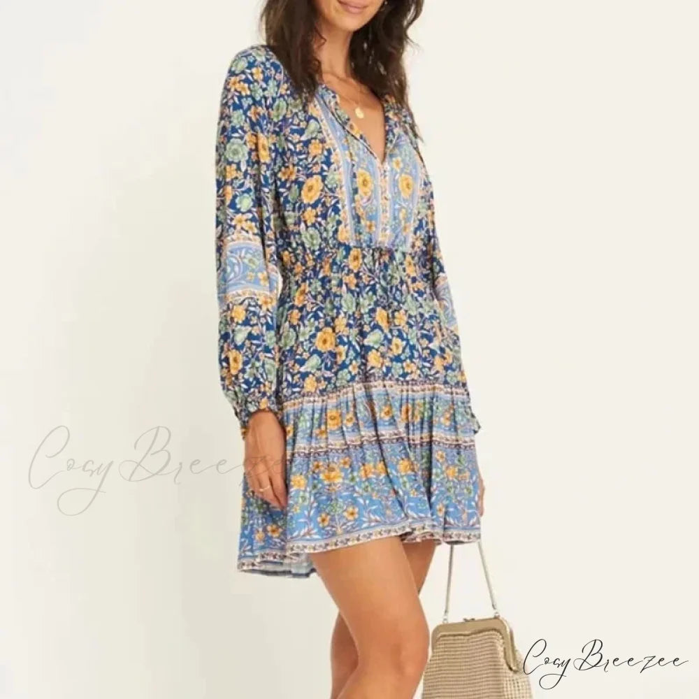 Floral Print Ethnic Long Sleeve V-neck Button Belt Ruffles Mini Dress bohodress-250126