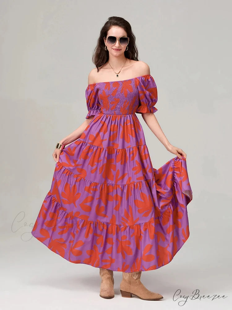Floral Print Flowy Puff Sleeve Square Neck A-Line Vacation Dress floraldress-250126