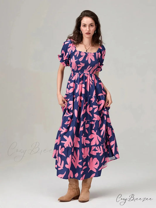 Floral Print Flowy Puff Sleeve Square Neck A-Line Vacation Dress floraldress-250126