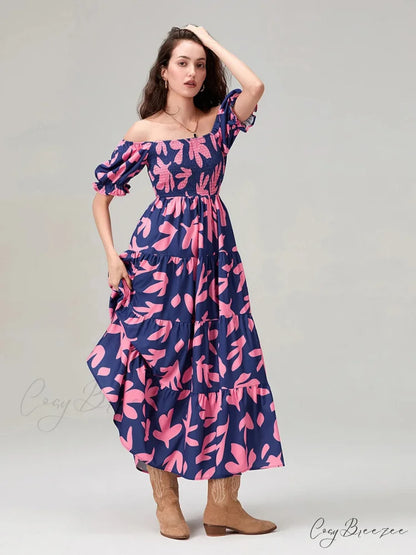Floral Print Flowy Puff Sleeve Square Neck A-Line Vacation Dress floraldress-250126