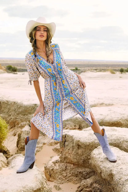 Floral Print Half Sleeve Loose Belt V-neck Vacation Midi Dress bohodress-250126