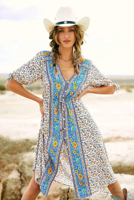 Floral Print Half Sleeve Loose Belt V-neck Vacation Midi Dress Creamy-white / S bohodress-250126