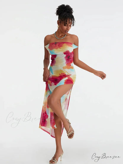 Floral Print High Split Backless Off-Shoulder Tie-up Long Dress floraldress-250126