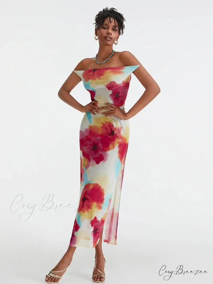 Floral Print High Split Backless Off-Shoulder Tie-up Long Dress floraldress-250126