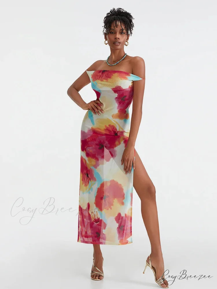 Floral Print High Split Backless Off-Shoulder Tie-up Long Dress floraldress-250126