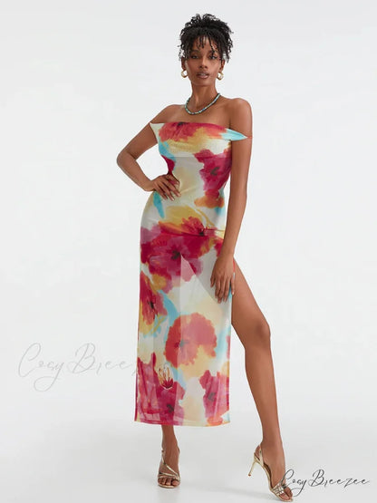 Floral Print High Split Backless Off-Shoulder Tie-up Long Dress floraldress-250126