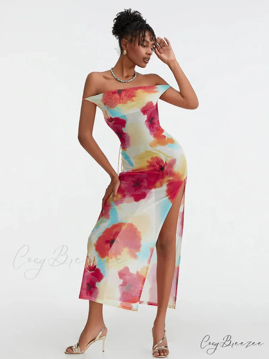 Floral Print High Split Backless Off-Shoulder Tie-up Long Dress MULTI / S floraldress-250126