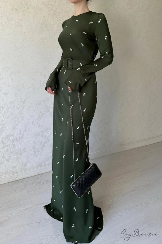 Floral Print High Waist Midi Dress with Belt Dark Green / S