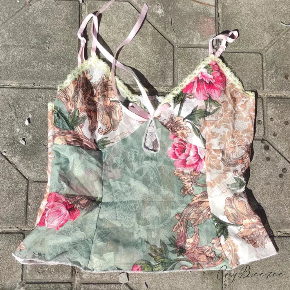 Floral Print Lace Tie-Up Sheer Crop Top GREEN / S croptop-250126