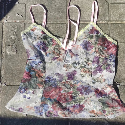 Floral Print Lace Tie-Up Sheer Crop Top WHITE2 / S croptop-250126