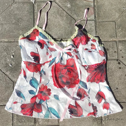 Floral Print Lace Tie-Up Sheer Crop Top WHITE3 / S croptop-250126