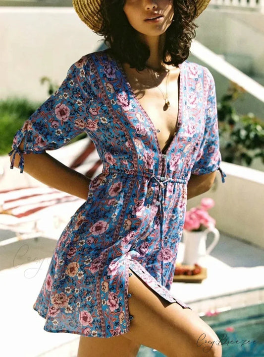 Floral Print Lace-up Front Button Mini Summer Boho Dress Purple / S bohodress-250126