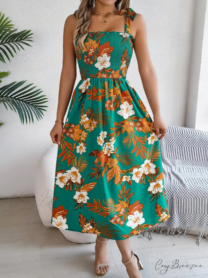 Floral Print Lace-up Sleeveless Vacation Dress Green / S oldfloraldress-250126