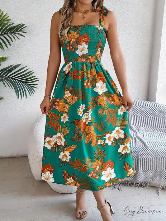 Floral Print Lace-up Sleeveless Vacation Dress Green / S oldfloraldress-250126