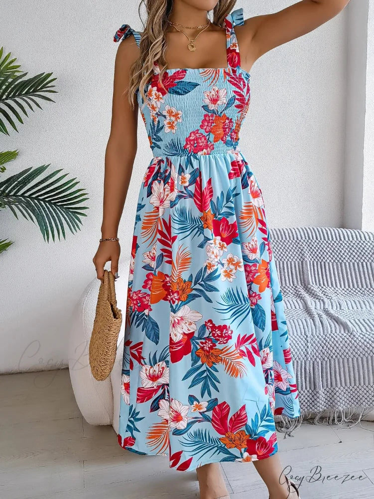 Floral Print Lace-up Sleeveless Vacation Dress oldfloraldress-250126