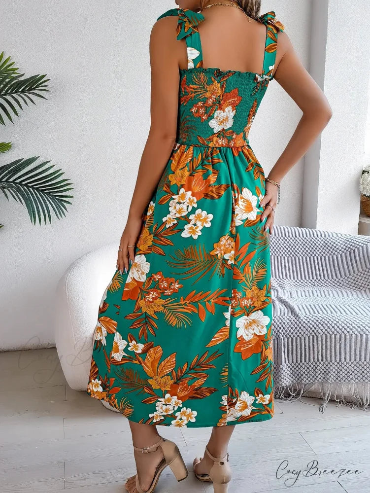 Floral Print Lace-up Sleeveless Vacation Dress oldfloraldress-250126