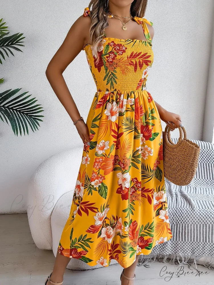 Floral Print Lace-up Sleeveless Vacation Dress oldfloraldress-250126
