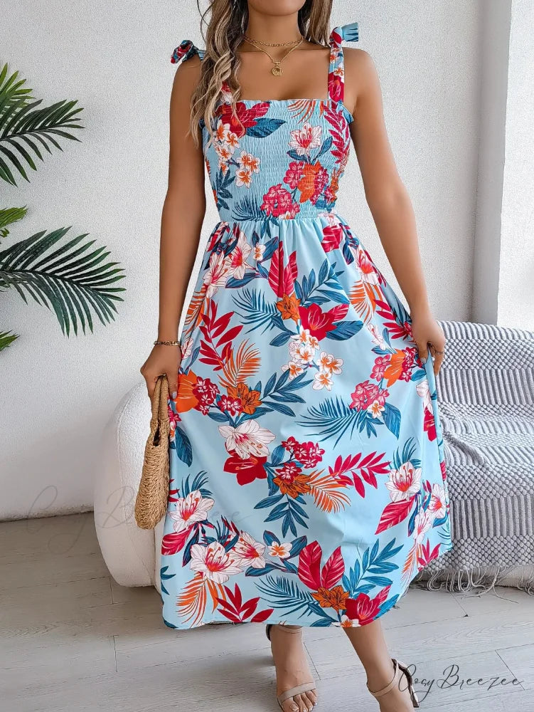 Floral Print Lace-up Sleeveless Vacation Dress SKY BLUE / S oldfloraldress-250126