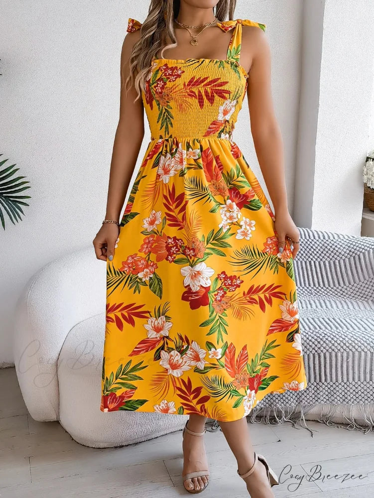 Floral Print Lace-up Sleeveless Vacation Dress Yellow / S oldfloraldress-250126