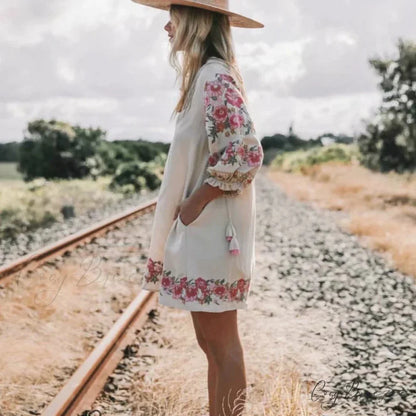 Floral Print Linen Cotton Mini V-neck Summer Boho Dress bohodress-250126